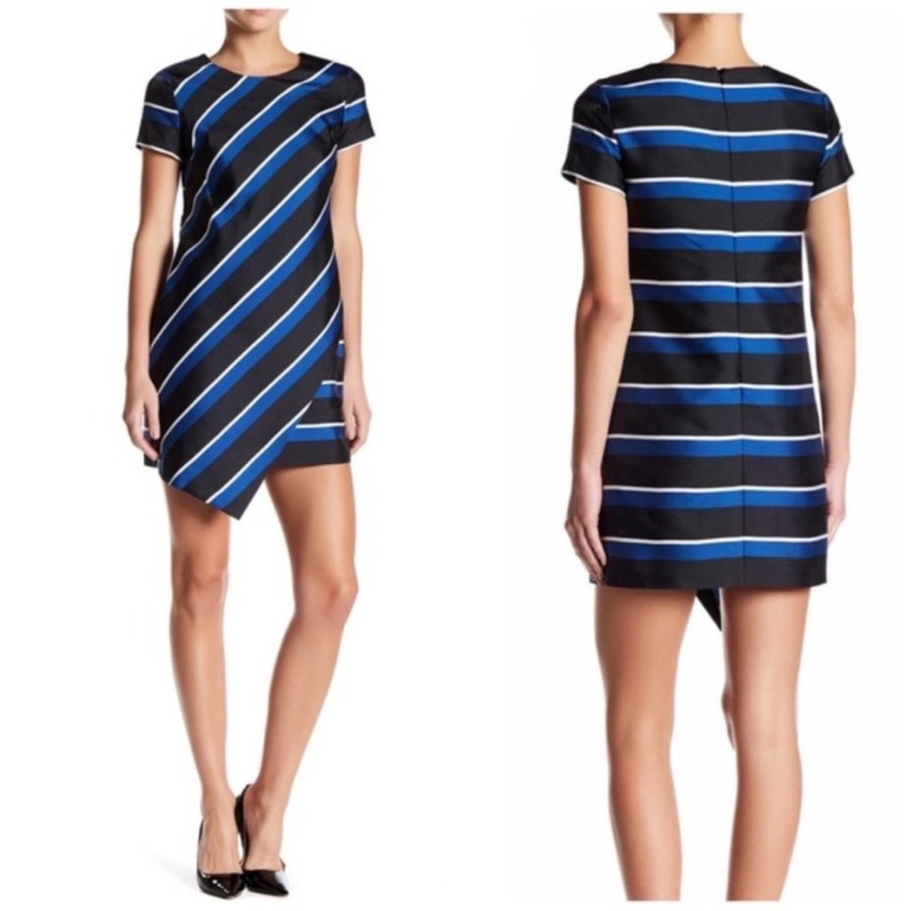 NWOT Cynthia Steffe Asymmetrical Hem Blue Black Stripe Abbey Shift Dress Size 6